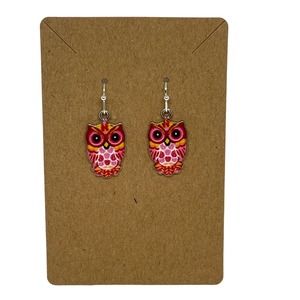 Owl Earrings Red and Pink Dangle Resin - Hypoallergenic